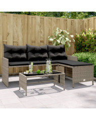 Canapé de jardin avec table et coussins en forme de L gris | Mobilier & Déco