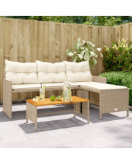 Canapé de jardin avec table et coussins en forme de L beige | Mobilier & Déco