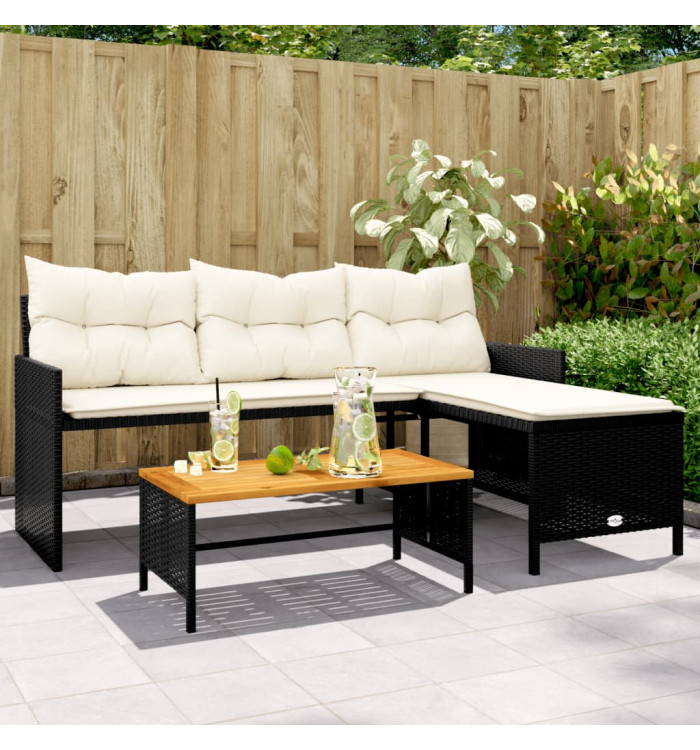 Canapé de jardin avec table et coussins en forme de L noir | Mobilier & Déco