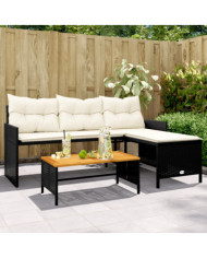 Canapé de jardin avec table et coussins en forme de L noir | Mobilier & Déco