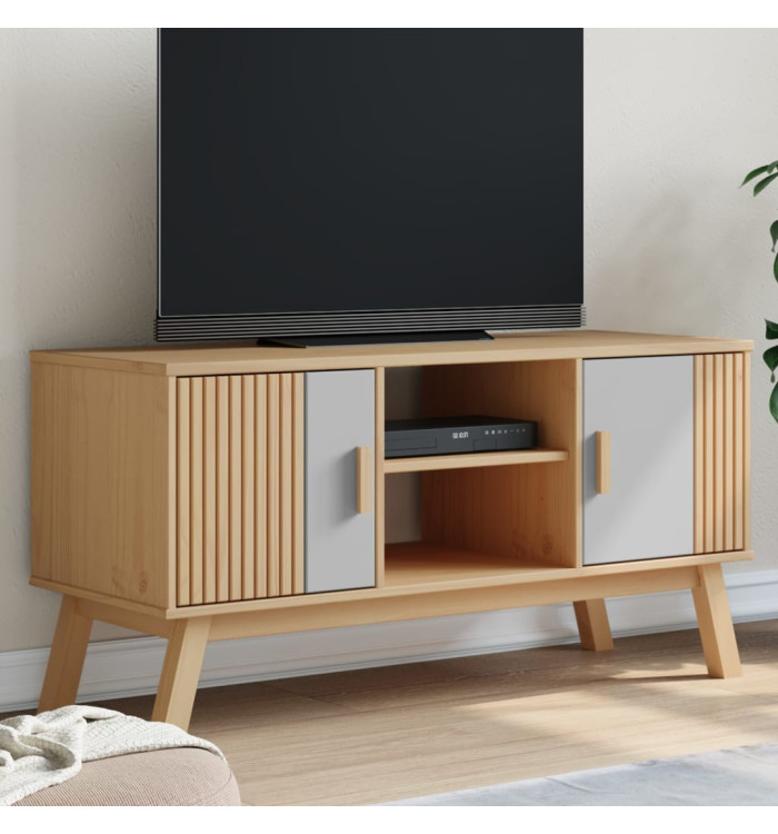 Meuble TV OLDEN gris et marron 114x43x57 cm bois de pin massif | Mobilier & Déco