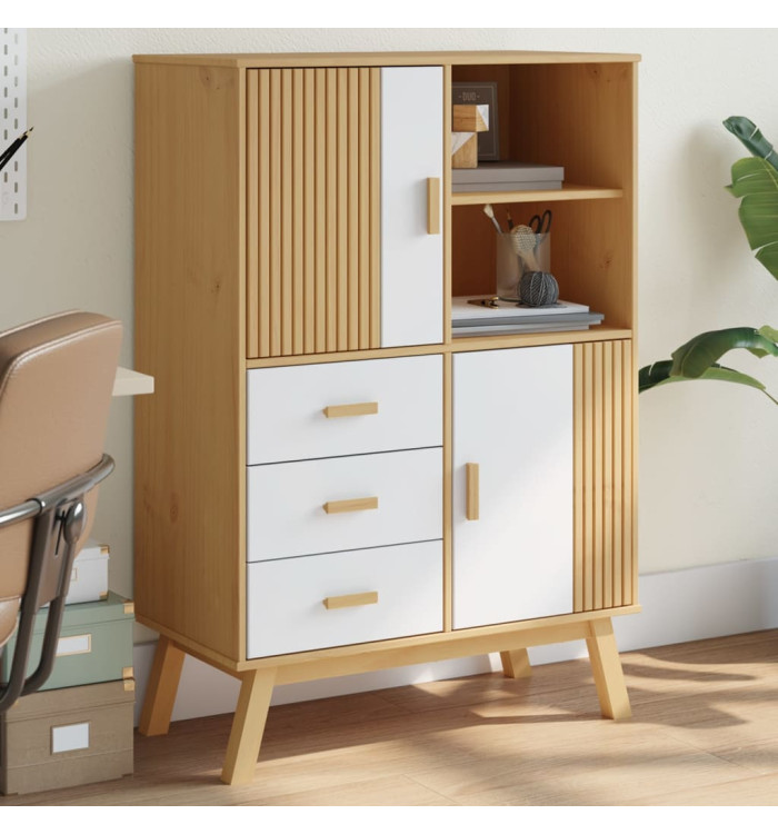 Buffet haut OLDEN blanc marron 85x43x125 cm bois massif de pin | Mobilier & Déco