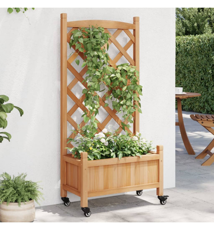 Jardinière avec treillis et roues marron bois massif de sapin | Mobilier & Déco