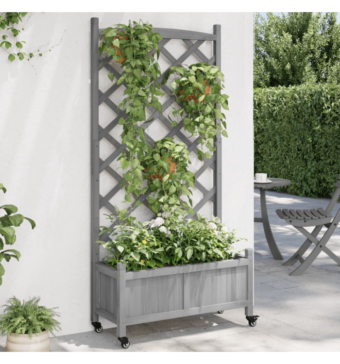 Jardinière avec treillis et roues gris bois massif de sapin | Mobilier & Déco