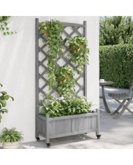Jardinière avec treillis et roues gris bois massif de sapin | Mobilier & Déco
