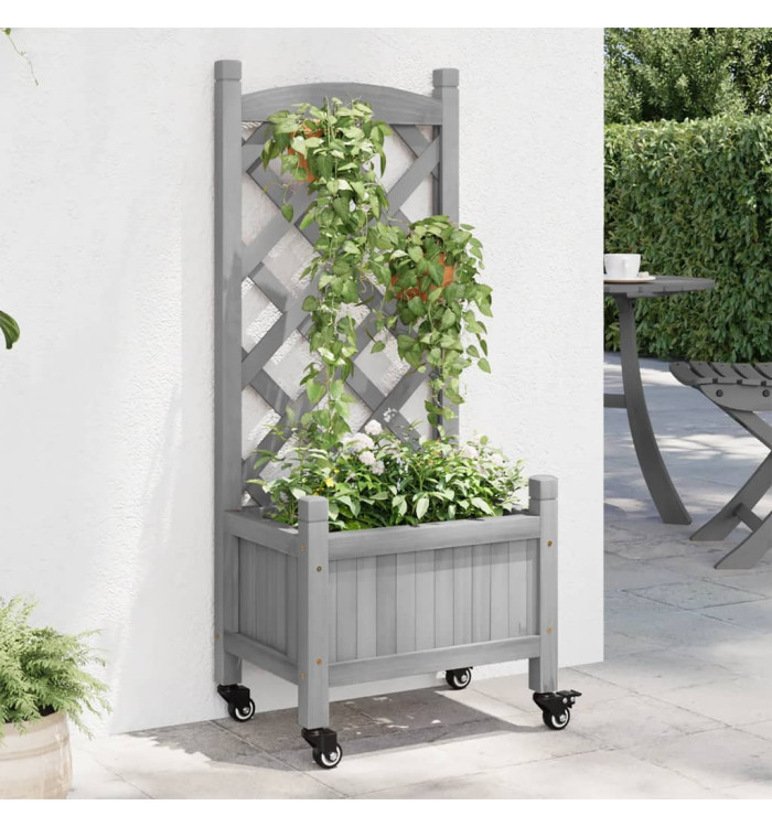 Jardinière avec treillis et roues gris bois massif de sapin | Mobilier & Déco