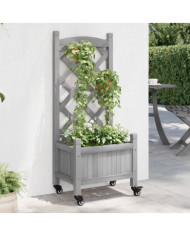Jardinière avec treillis et roues gris bois massif de sapin | Mobilier & Déco