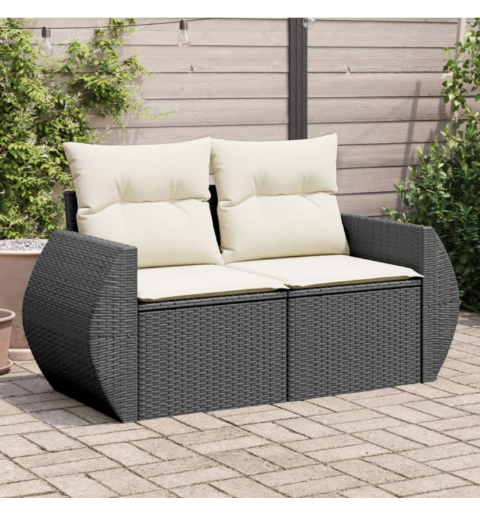 Canapé de jardin avec coussins 2 places noir résine tressée | Mobilier & Déco