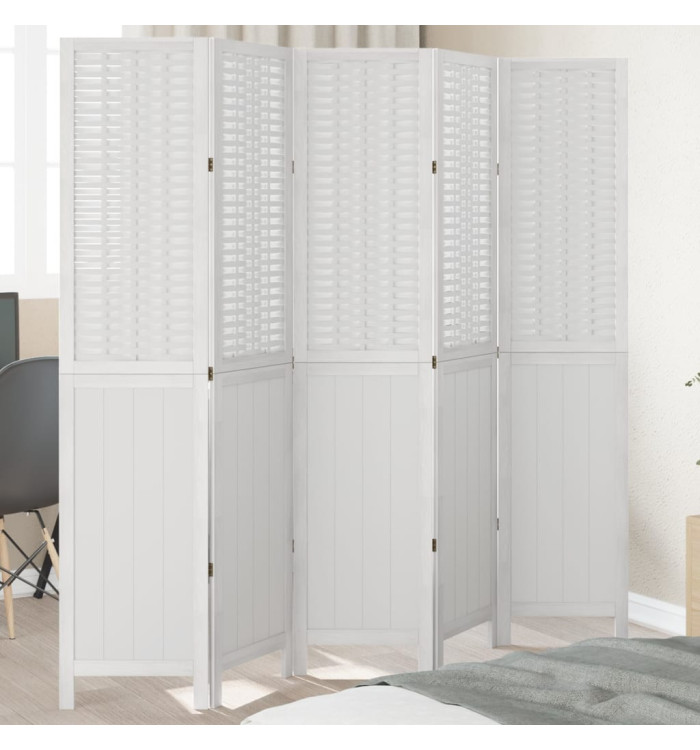 Cloison de séparation 5 panneaux blanc bois de paulownia massif | Mobilier & Déco