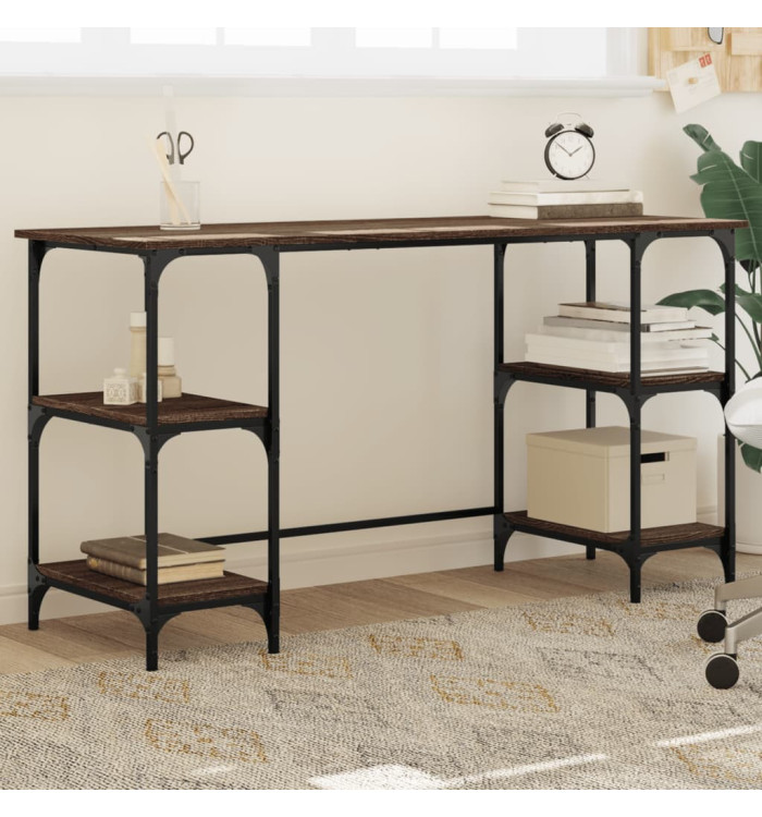 Bureau chêne marron 140x50x75 cm métal et bois d'ingénierie | Mobilier & Déco