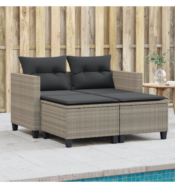 Canapé de jardin 2 places avec tabourets gris clair poly rotin | Mobilier & Déco