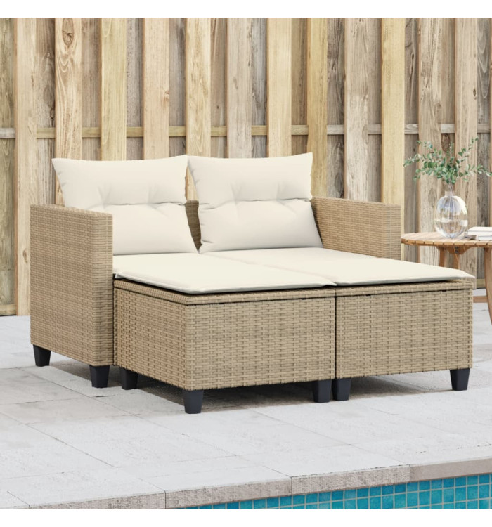 Canapé de jardin 2 places avec tabourets beige résine tressée | Mobilier & Déco