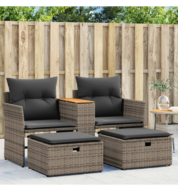 Canapé de jardin 2 places avec tabourets gris résine tressée | Mobilier & Déco