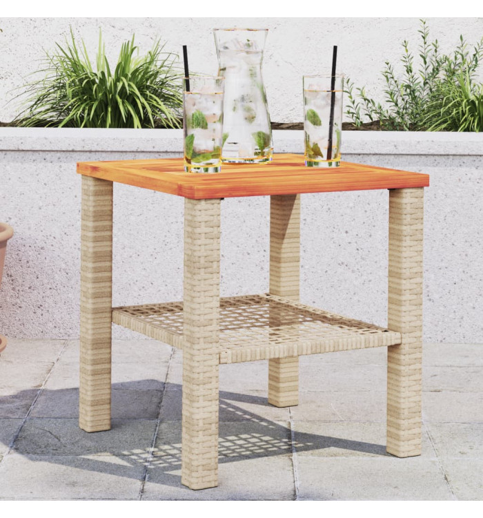 Table de jardin beige 40x40x42 cm résine tressée et bois acacia | Mobilier & Déco