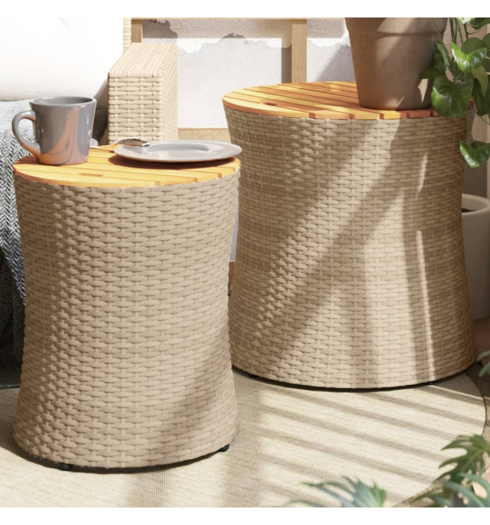 Tables d'appoint de jardin 2pcs dessus en bois beige poly rotin | Mobilier & Déco