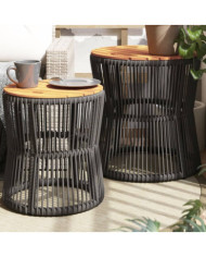 Tables d'appoint de jardin 2 pcs dessus en bois gris poly rotin | Mobilier & Déco