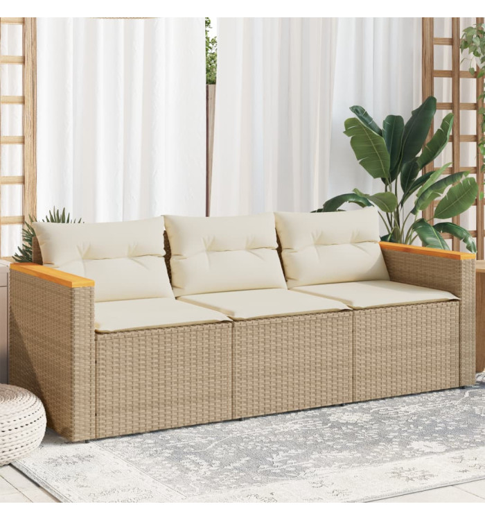 Canapé de jardin avec coussins 3 places beige résine tressée | Mobilier & Déco