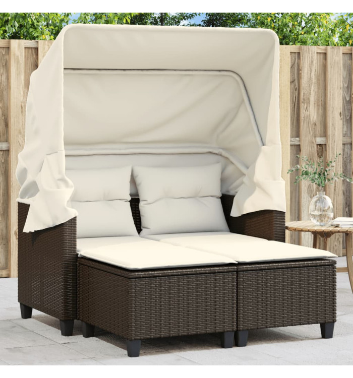 Canapé de jardin 2 places avec auvent et tabourets marron rotin | Mobilier & Déco