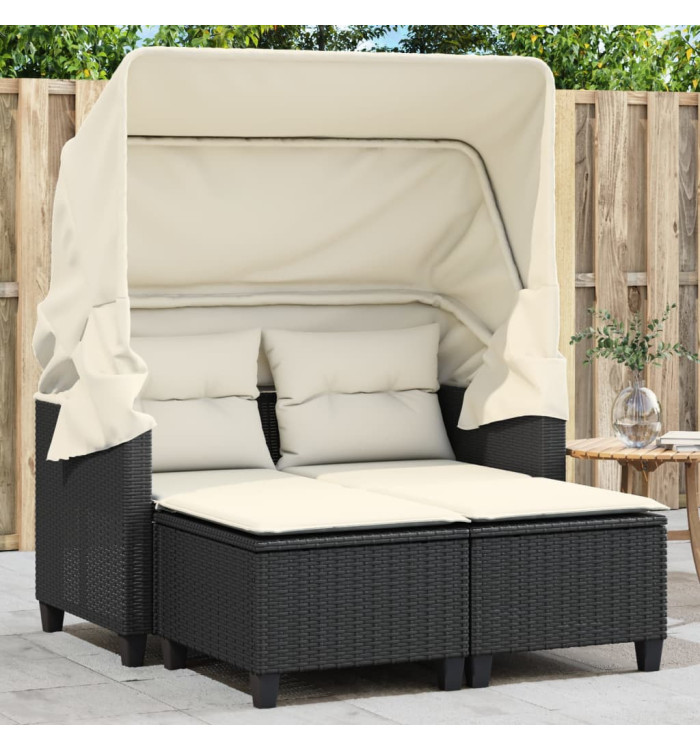 Canapé de jardin 2 places avec auvent et tabourets noir rotin | Mobilier & Déco