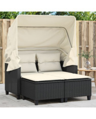 Canapé de jardin 2 places avec auvent et tabourets noir rotin | Mobilier & Déco