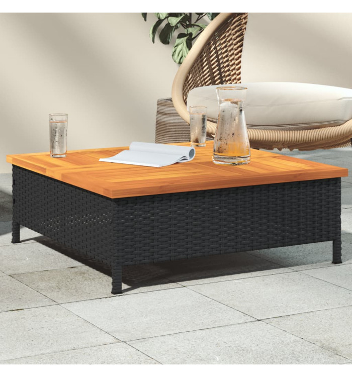 Table de jardin noir 70x70x25 cm résine tressée et bois acacia | Mobilier & Déco