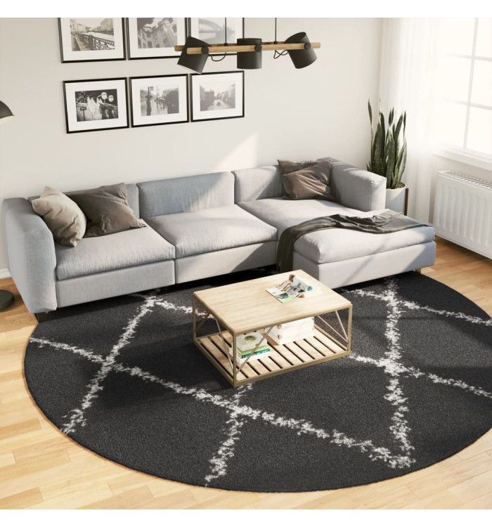 Tapis shaggy à poils longs moderne noir et crème Ø 280 cm | Mobilier & Déco