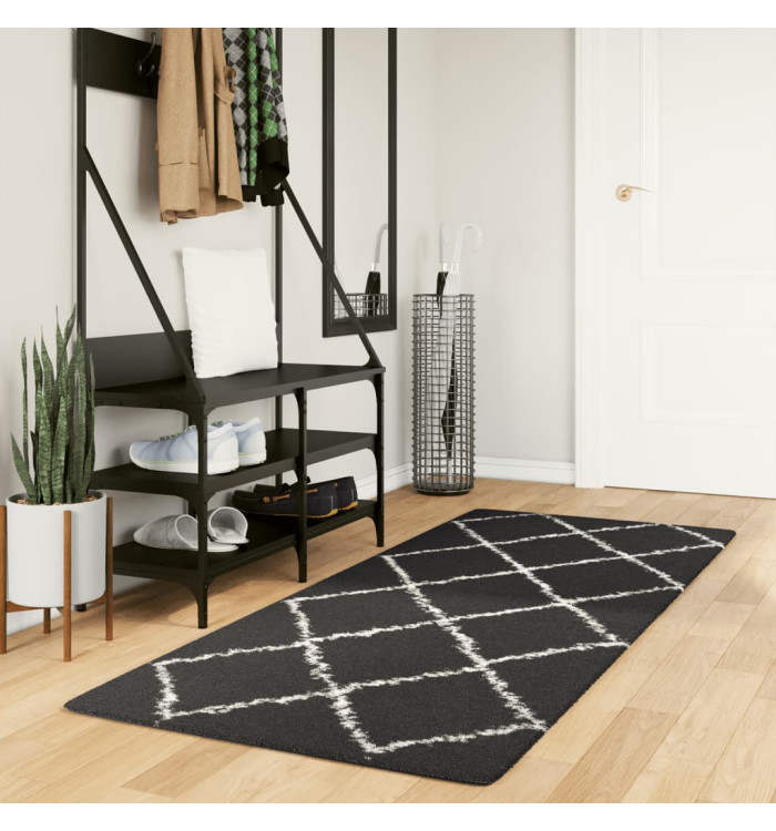 Tapis shaggy à poils longs moderne noir et crème 80x200 cm | Mobilier & Déco