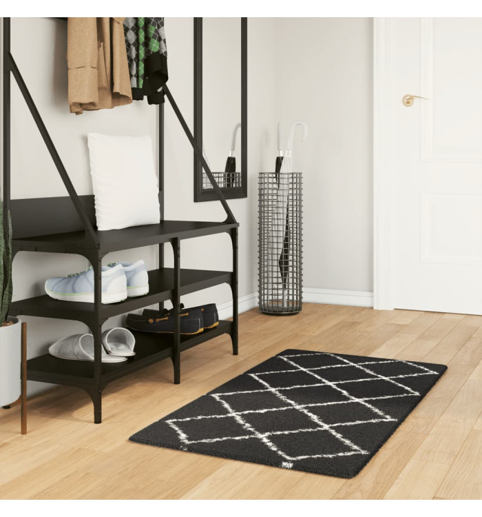 Tapis shaggy à poils longs moderne noir et crème 60x110 cm | Mobilier & Déco