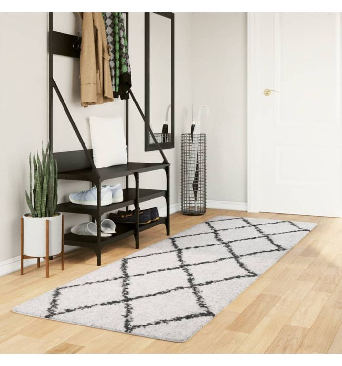 Tapis shaggy à poils longs moderne crème et noir 80x250 cm | Mobilier & Déco
