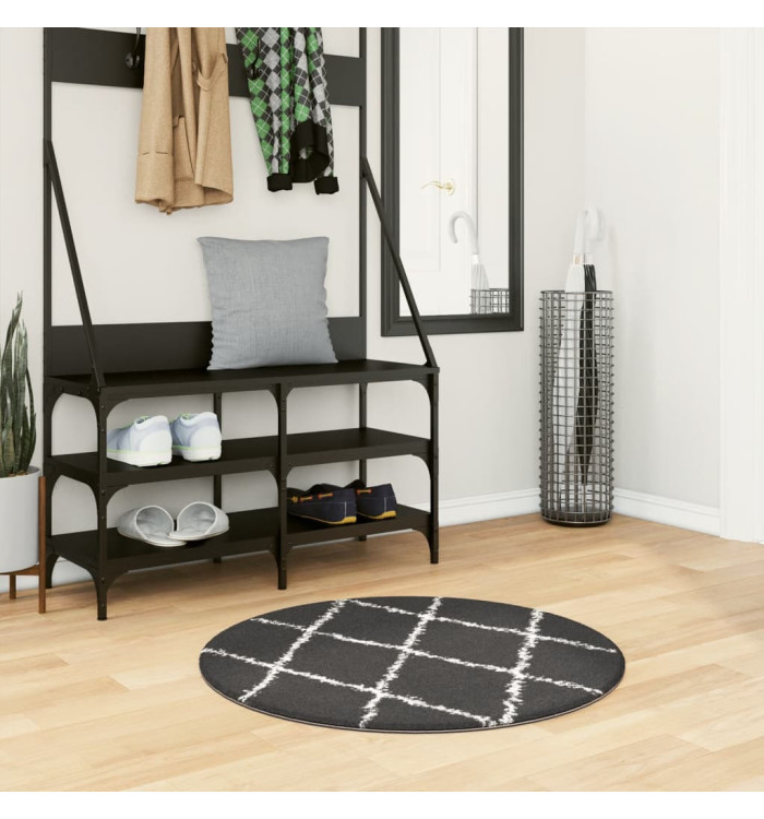 Tapis shaggy à poils longs moderne noir et crème Ø 80 cm | Mobilier & Déco