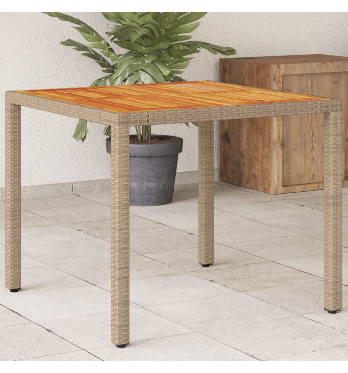 Table de jardin beige 90x90x75 cm résine tressée et bois acacia | Mobilier & Déco