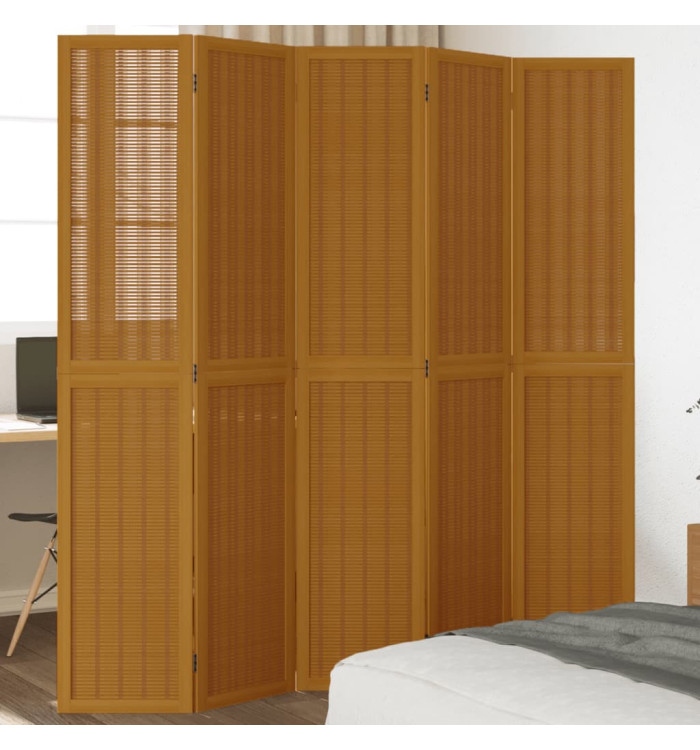 Cloison de séparation 5 panneaux marron bois paulownia massif | Mobilier & Déco