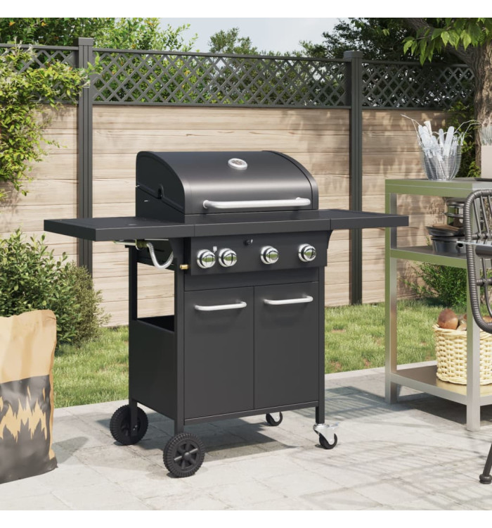 Barbecue gril à gaz avec 4 brûleurs noir acier enduit de poudre | Mobilier & Déco
