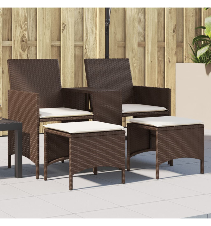 Canapé de jardin 2 places avec table et tabourets marron rotin | Mobilier & Déco
