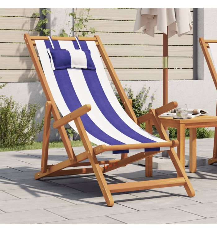 Chaise de plage pliable bleu et blanc bois d'eucalyptus/tissu | Mobilier & Déco