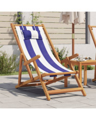 Chaise de plage pliable bleu et blanc bois d'eucalyptus/tissu | Mobilier & Déco