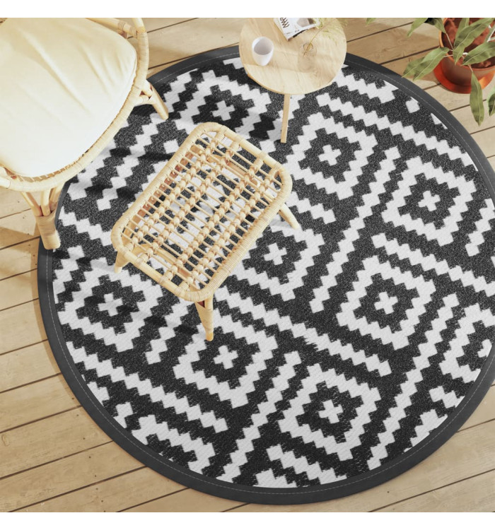 Tapis d'extérieur ARAKIL blanc et noir Ø160 cm PP | Mobilier & Déco