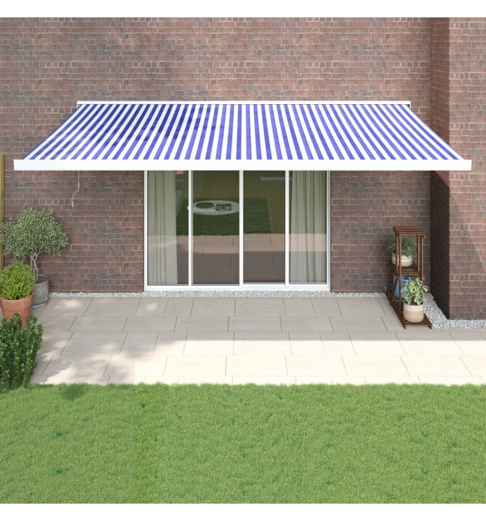 Auvent rétractable bleu et blanc 5x3 m tissu et aluminium | Mobilier & Déco