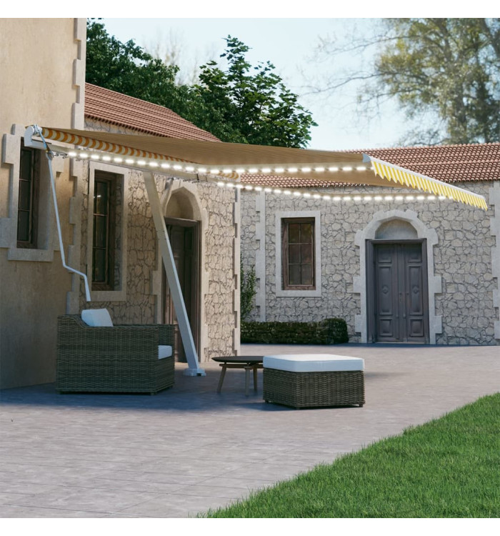 Auvent automatique capteur de vent/LED 450x300cm Jaune et blanc | Mobilier & Déco