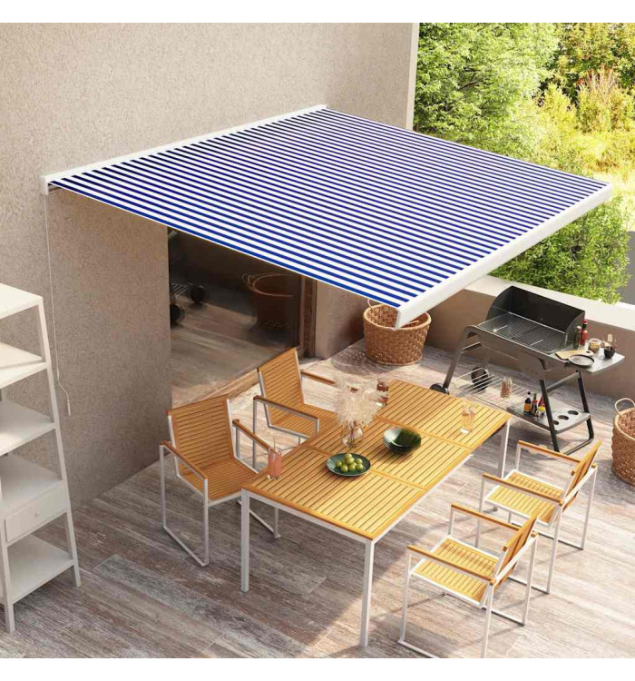Store à cassette manuel 350x250 cm Bleu et blanc | Mobilier & Déco