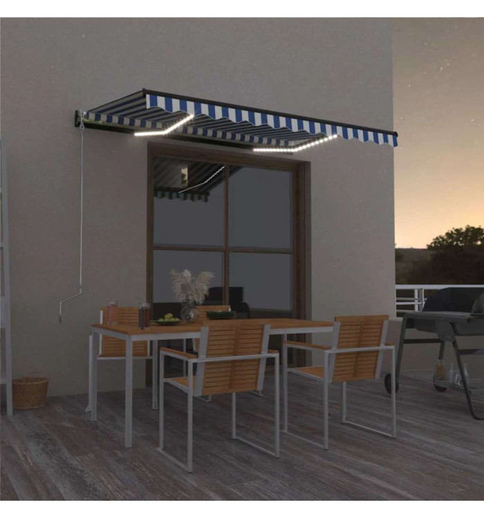 Auvent manuel rétractable avec LED 350x250 cm Bleu et blanc | Mobilier & Déco
