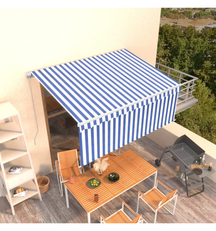 Auvent manuel rétractable avec store 3x2,5 m Bleu et blanc | Mobilier & Déco