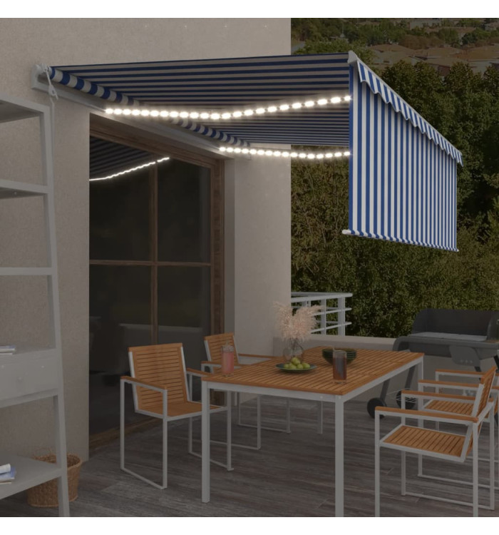 Auvent automatique store capteur de vent LED 4x3m Bleu et blanc | Mobilier & Déco