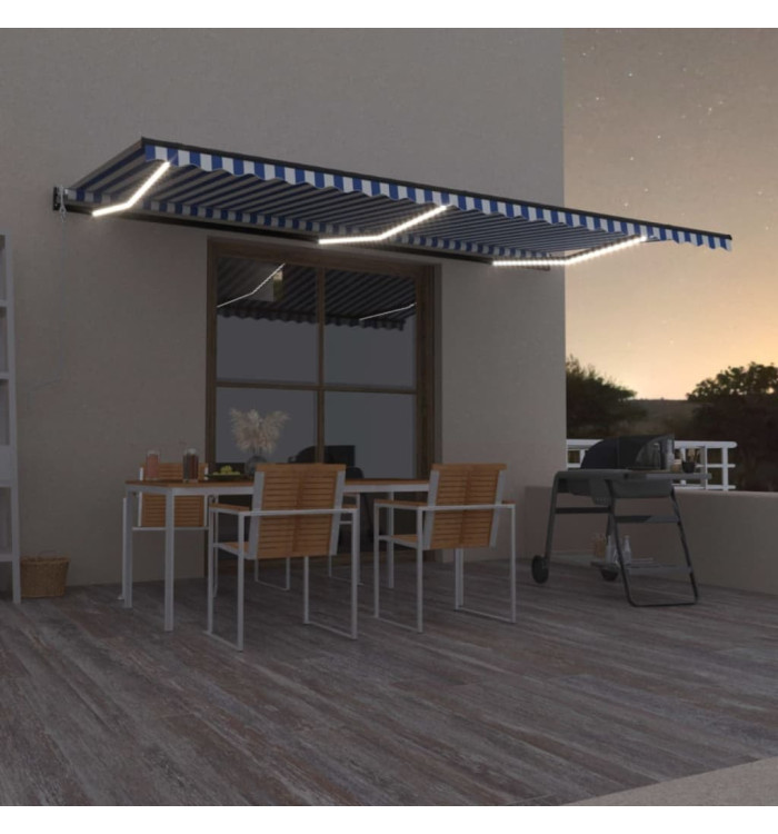 Auvent automatique capteur de vent/LED 600x300 cm Bleu et blanc | Mobilier & Déco