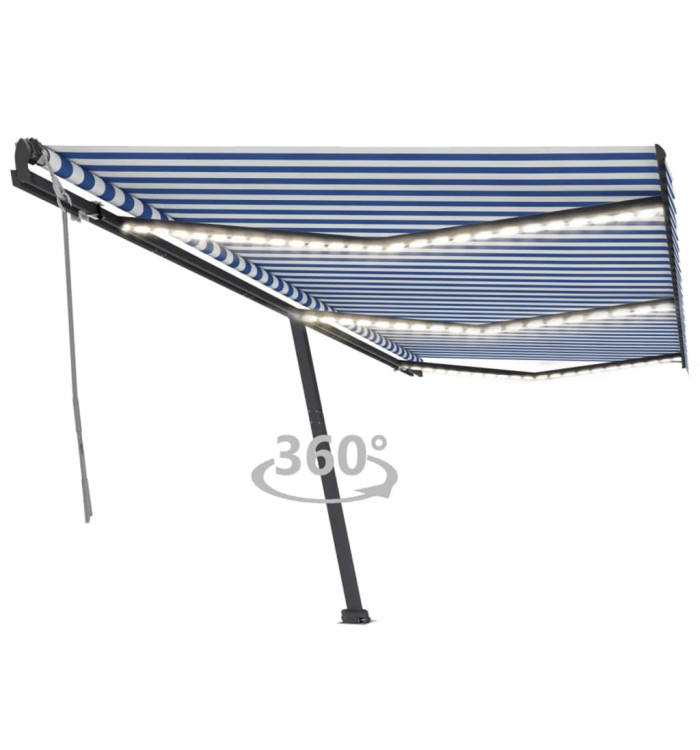 Auvent manuel rétractable avec LED 600x300 cm Bleu et blanc | Mobilier & Déco