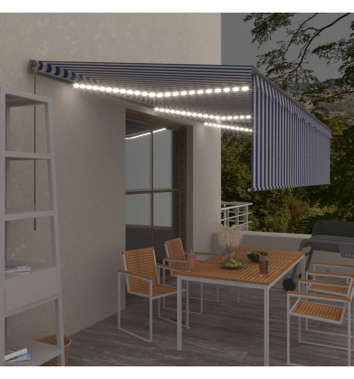 Auvent manuel rétractable avec store et LED 6x3 m Bleu et blanc | Mobilier & Déco