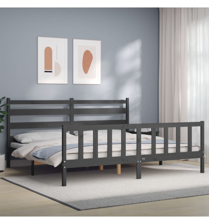 Cadre de lit avec tête de lit gris 180x200 cm bois massif | Mobilier & Déco