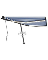 Auvent manuel rétractable avec LED 450x350 cm Bleu et blanc | Mobilier & Déco