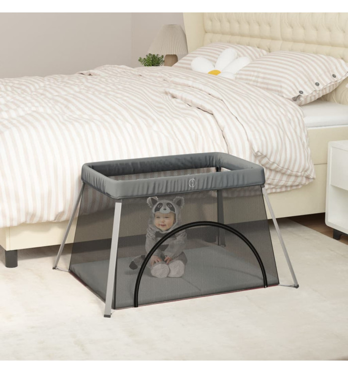 Parc pour bébé avec matelas Gris foncé Tissu de lin | Mobilier & Déco