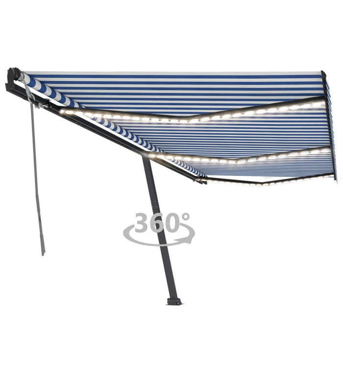 Auvent manuel rétractable avec LED 600x350 cm Bleu et blanc | Mobilier & Déco